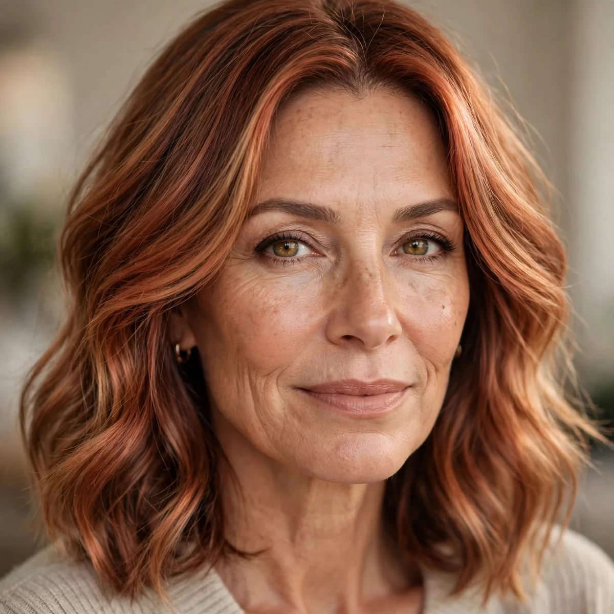 Woman over 50 with soft copper glow balayage