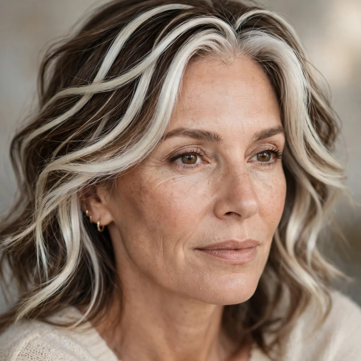 Woman over 50 with platinum ribbon balayage accents