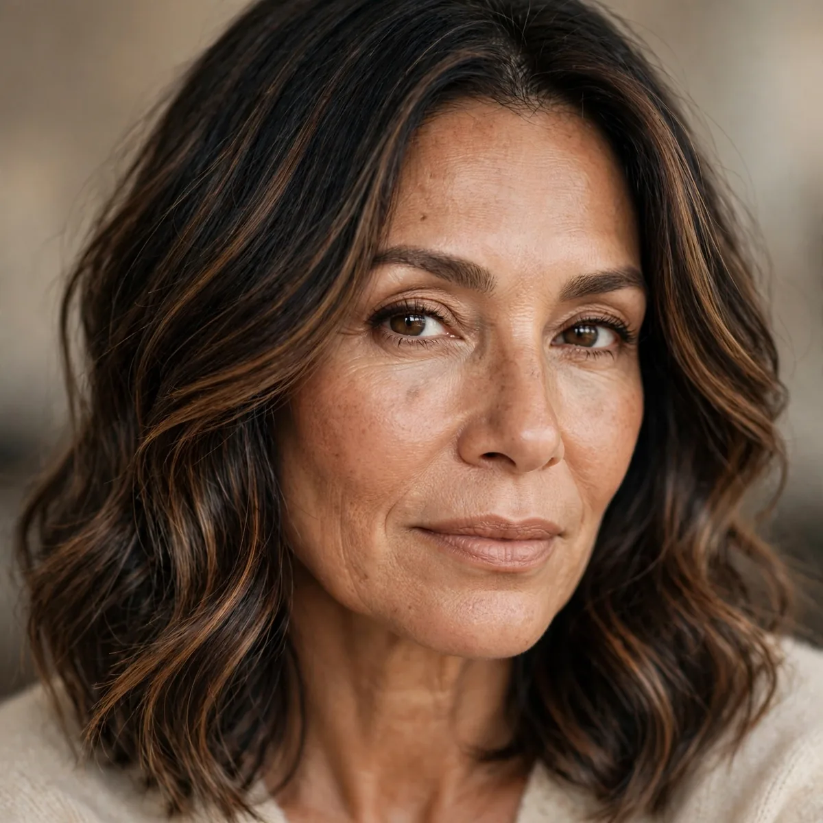 Woman over 50 with warm espresso balayage lights on dark hair