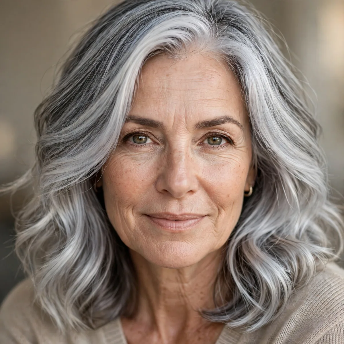 Woman over 50 with silver frost balayage on gray hair