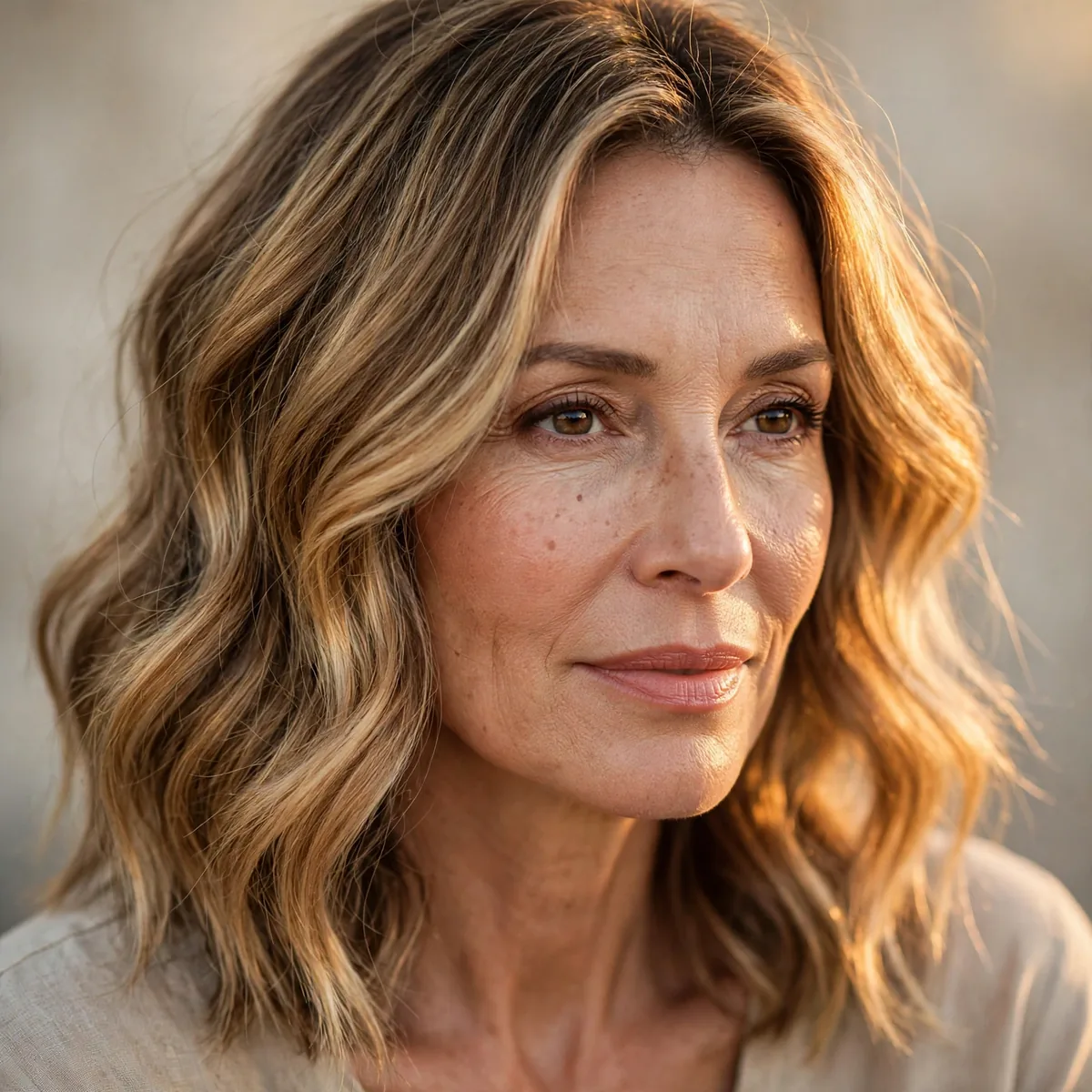 Woman over 50 with golden hour glow balayage