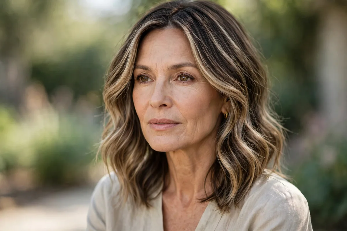 Woman over 50 with soft face-framing balayage highlights