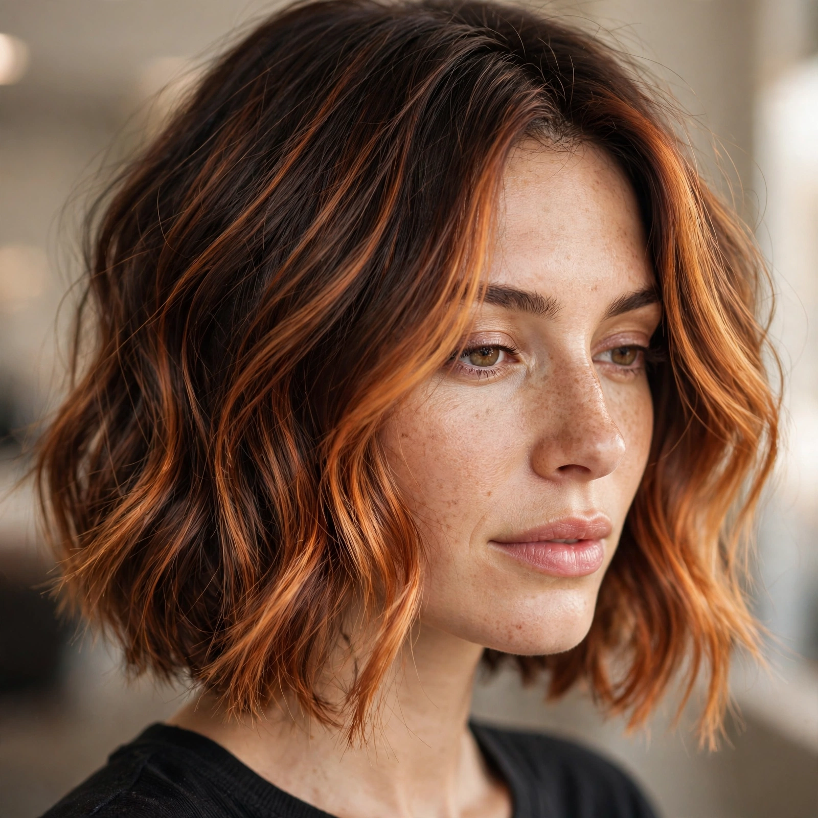 Copper balayage on bob haircut