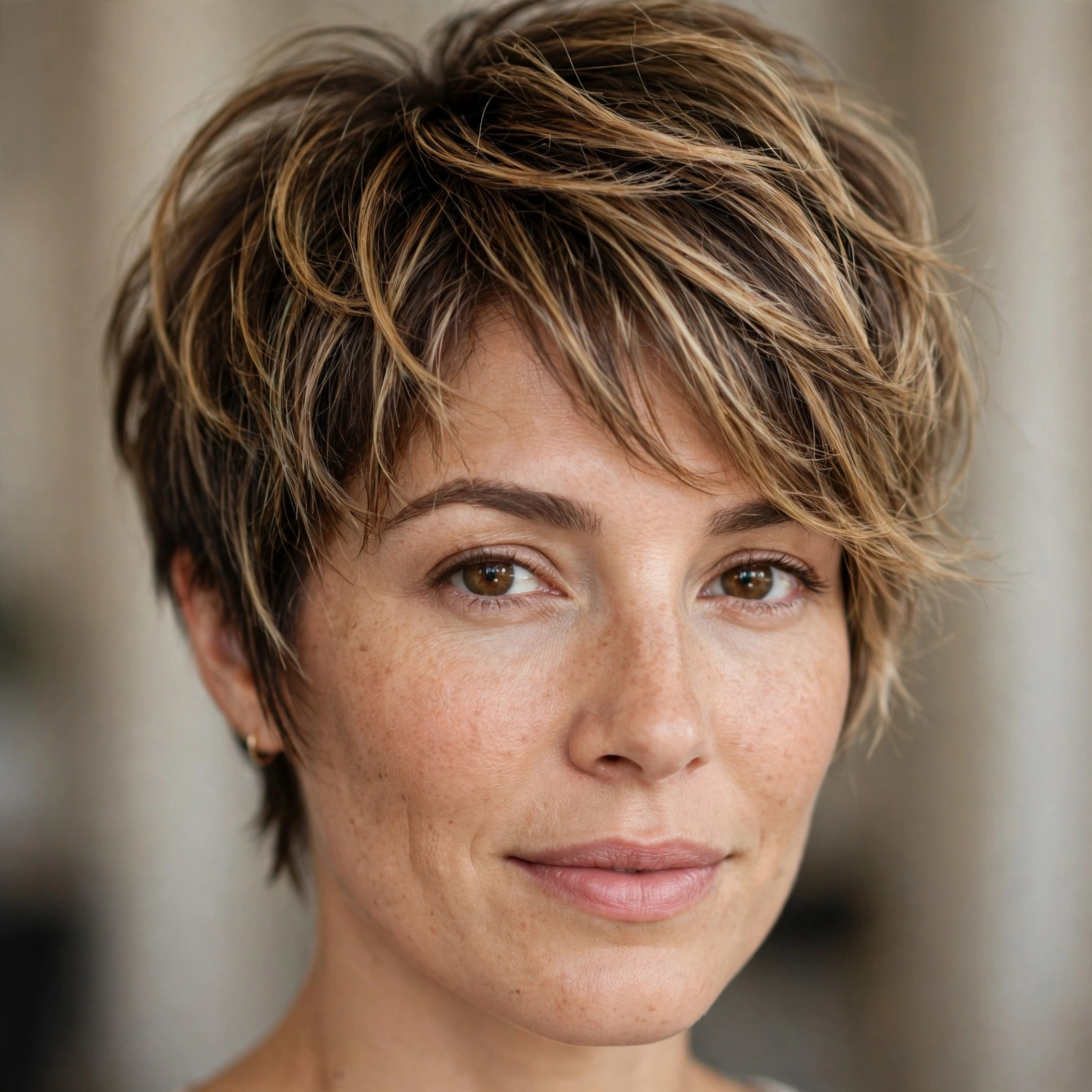 Bronde balayage on bixie haircut
