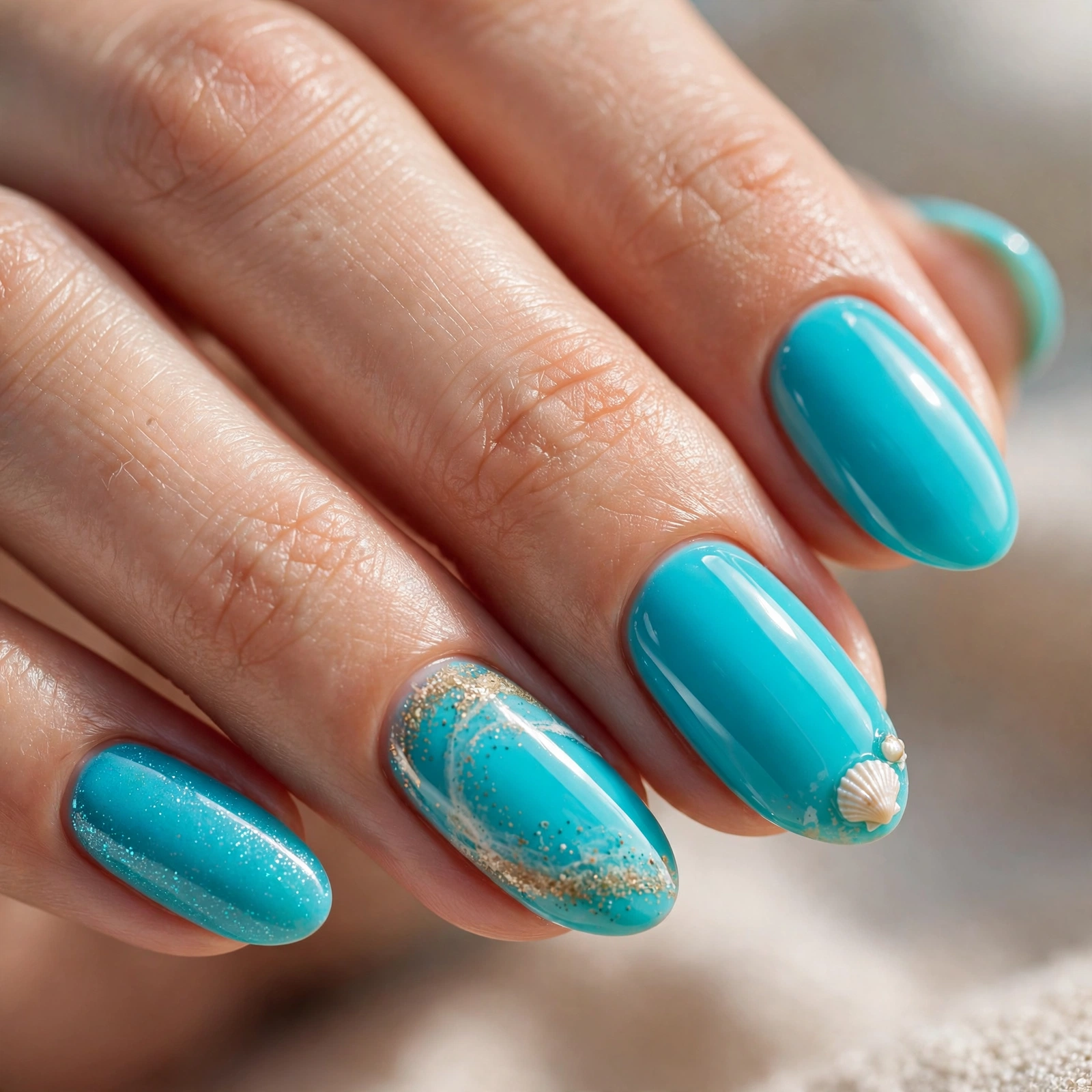Bright turquoise beach nails