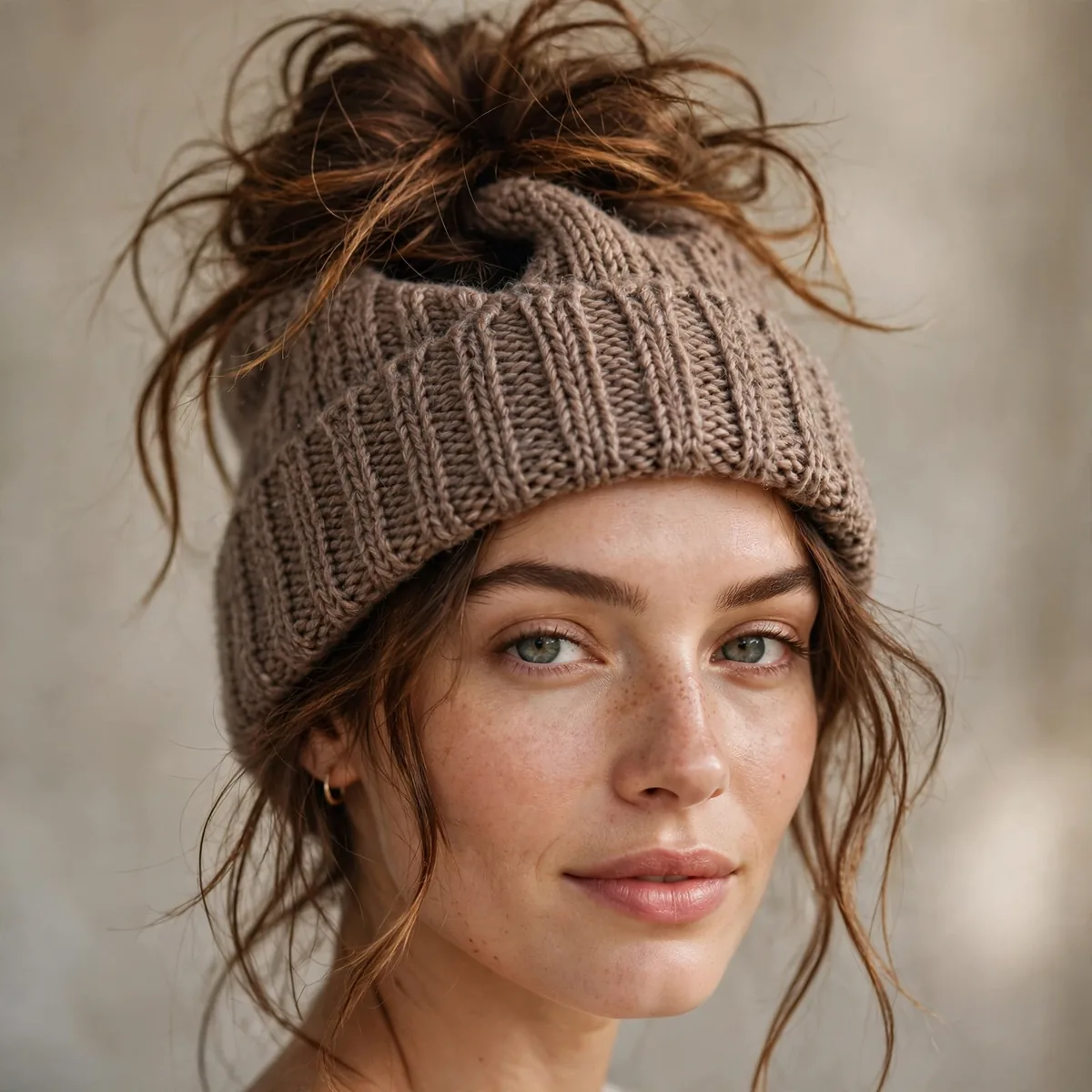 Woman with a high messy bun poking through a beanie