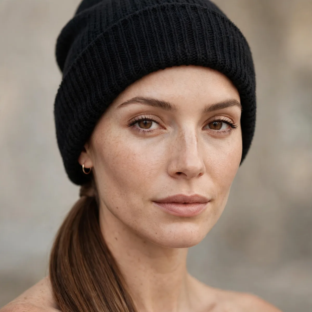 Woman with a low sleek ponytail under a beanie