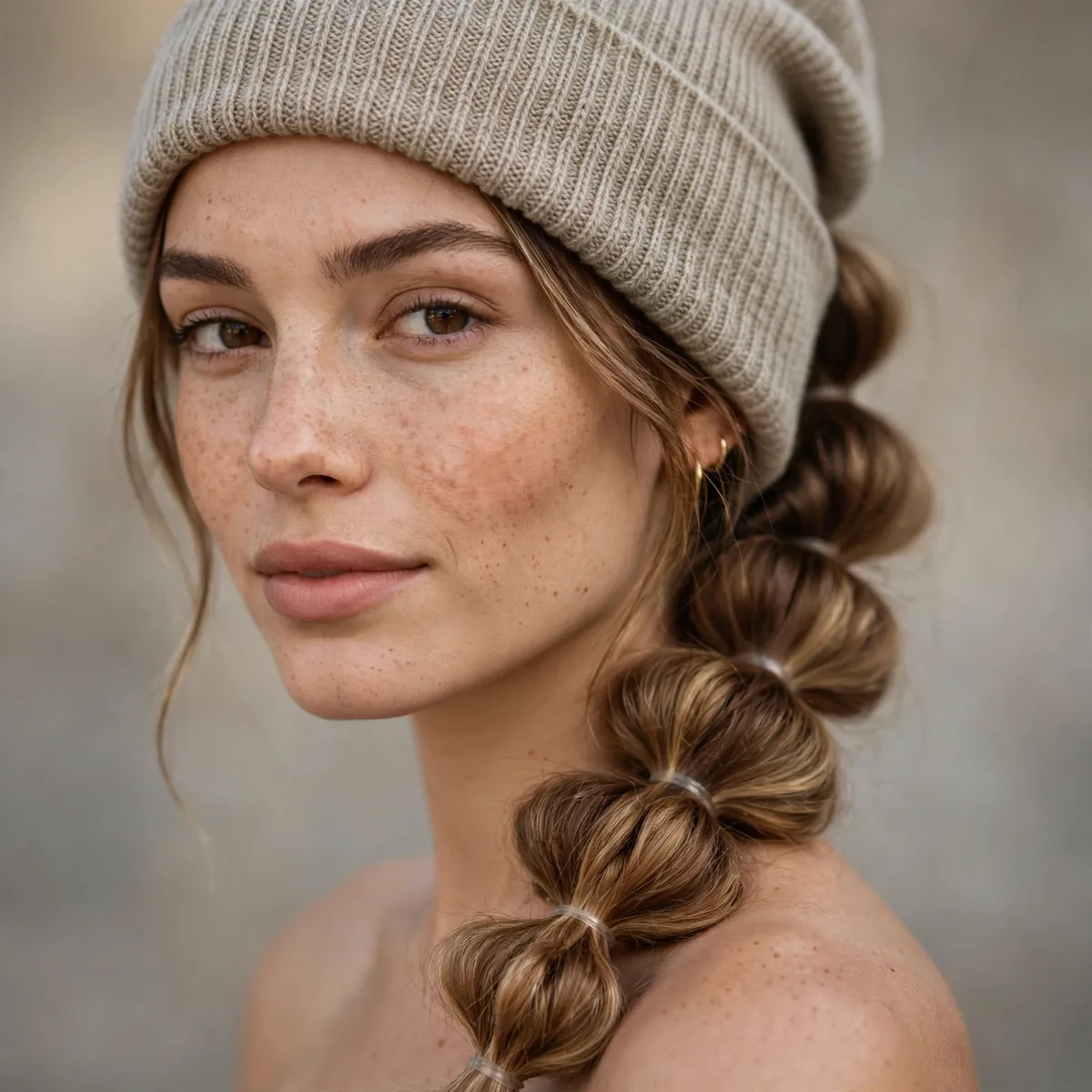 Woman with a bubble braid ponytail under a beanie