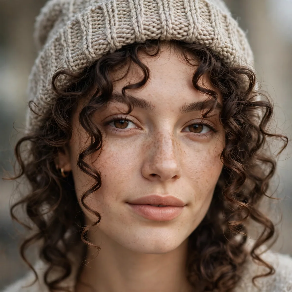 Woman with face-framing curls under a winter beanie