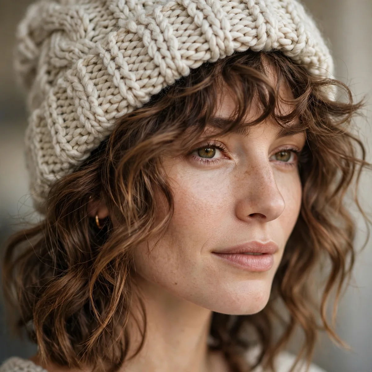 Woman with chunky textured waves under a knit beanie