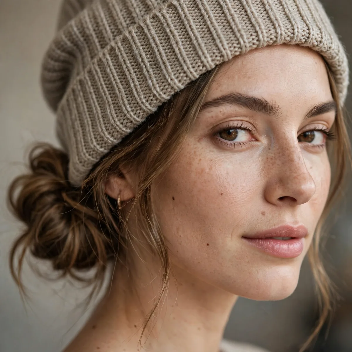 Woman with a low side bun under a beanie