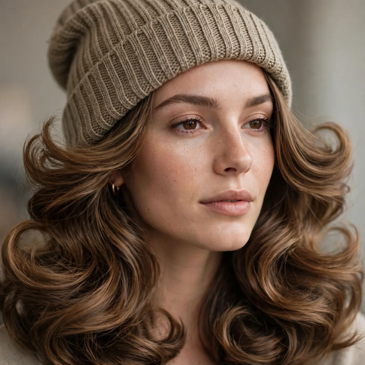 Woman with voluminous blowout ends under a beanie