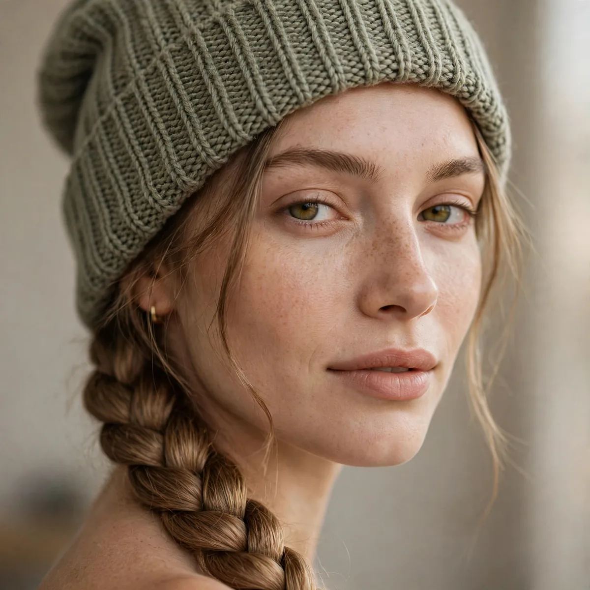 Woman with a rope braid ponytail under a beanie