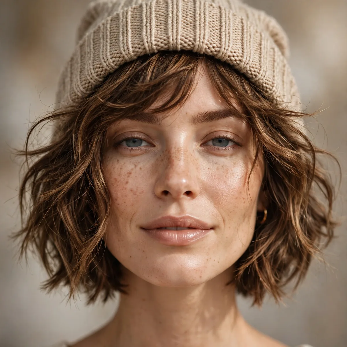 Woman with a textured bob hairstyle under a beanie
