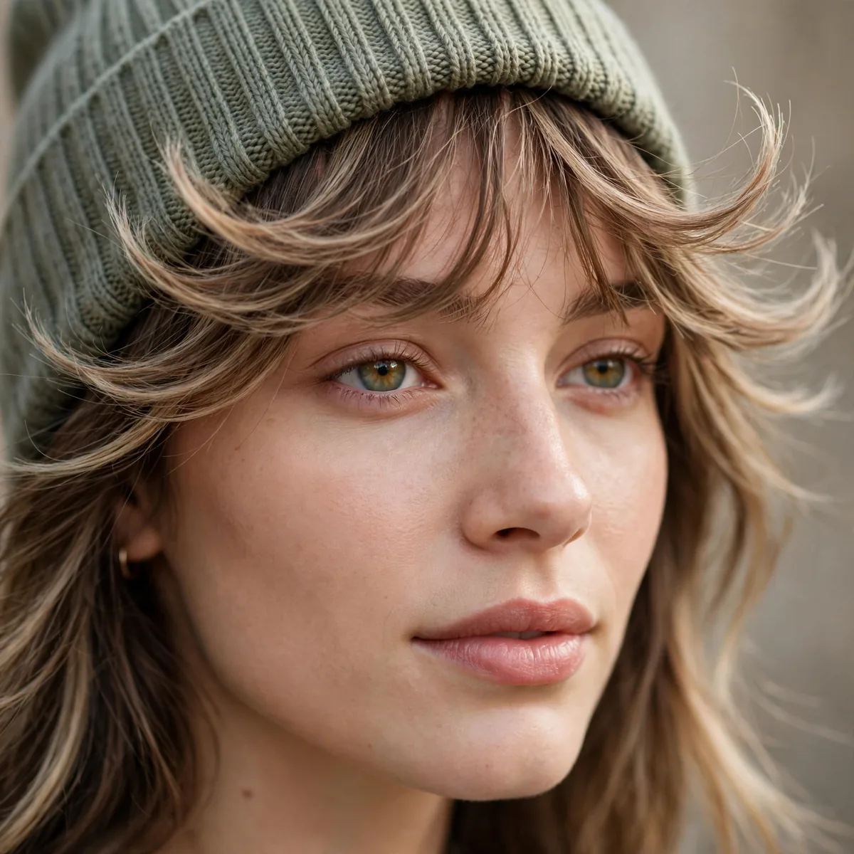 Woman with wispy fringe flipped out from under a beanie