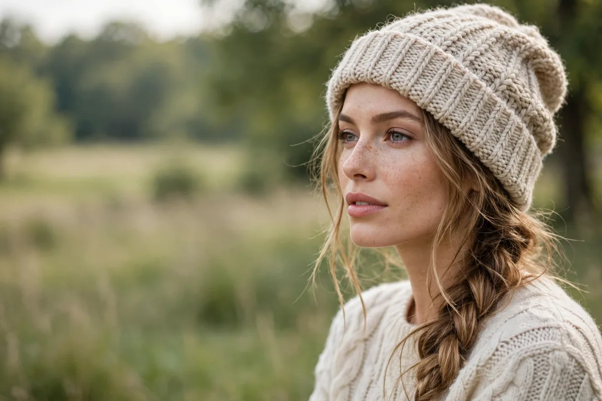 Woman wearing a knit beanie with a loose side braid