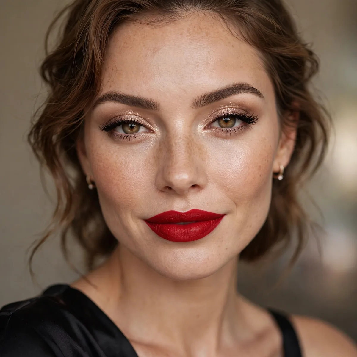 Woman with classic red lip birthday glam makeup
