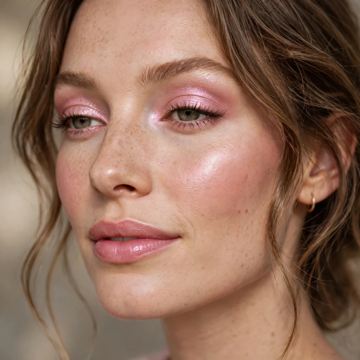 Woman with soft pink shimmer birthday makeup