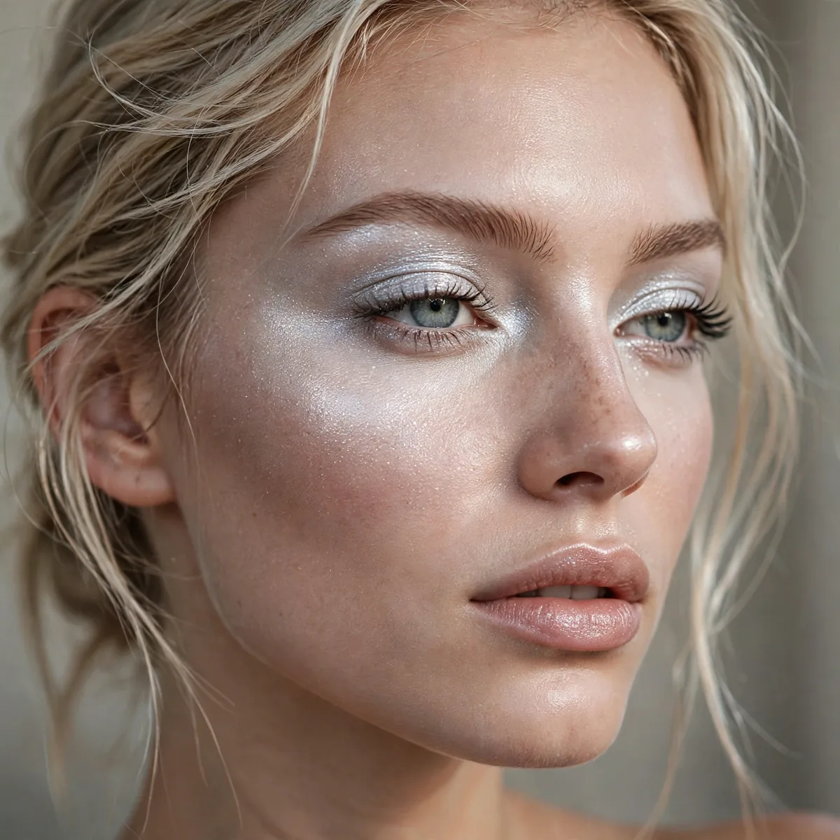 Woman with icy strobed highlight birthday makeup