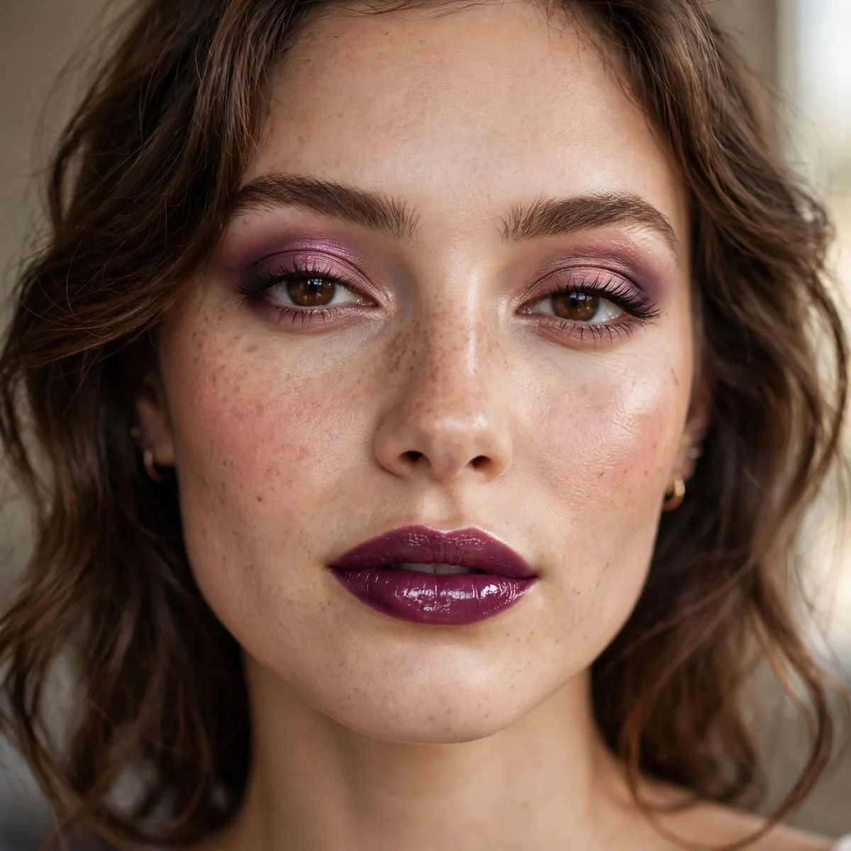 Woman with plum lipstick birthday party makeup
