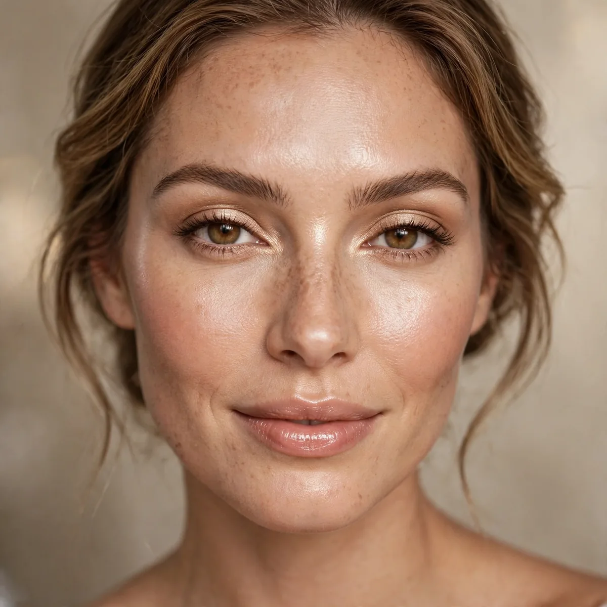 Woman with elevated nude glow birthday makeup
