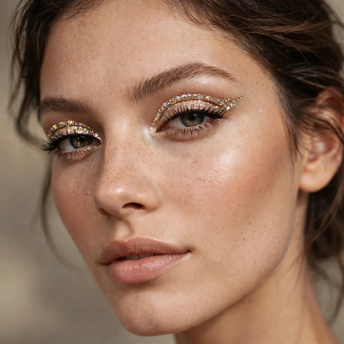 Woman with glitter eyeliner pop birthday makeup