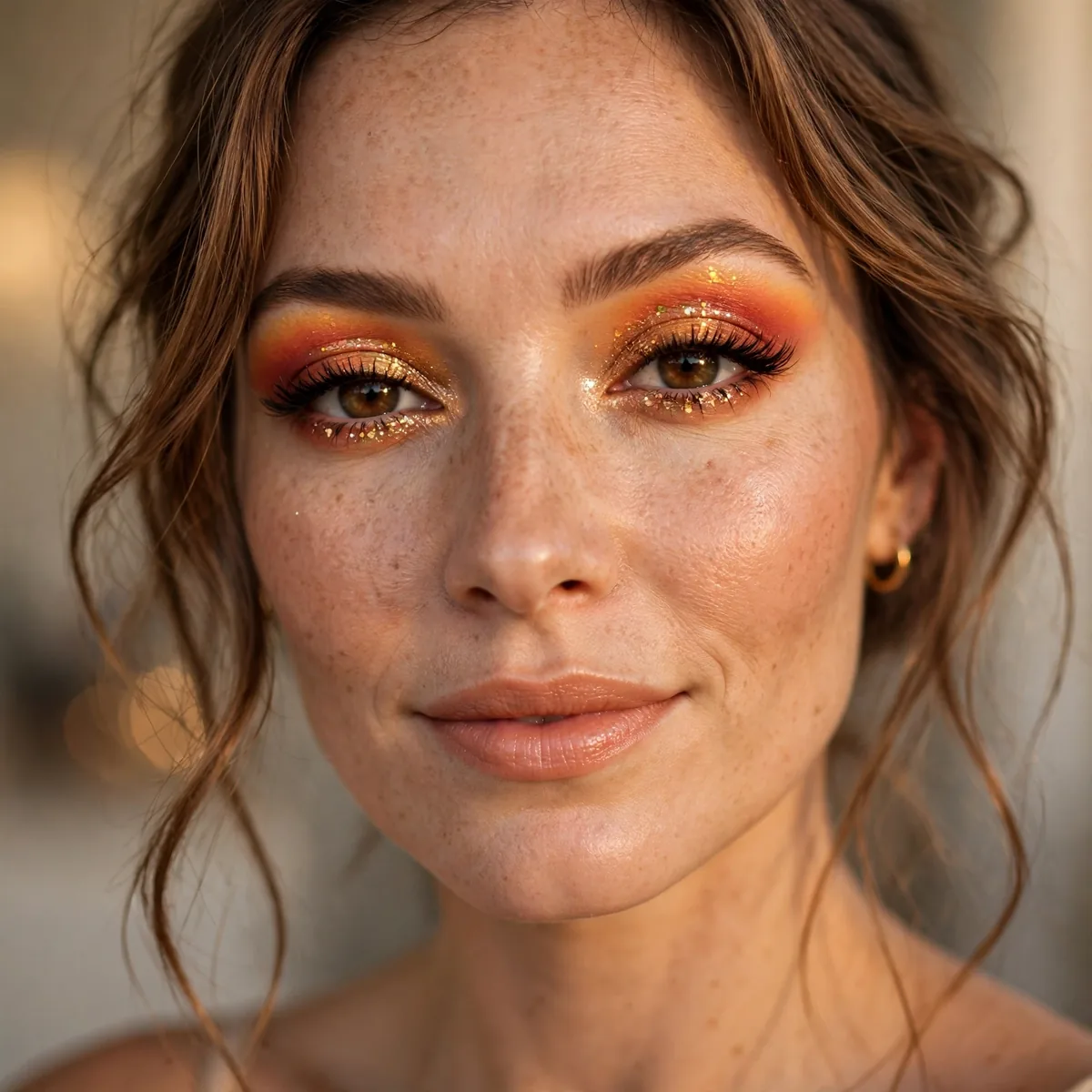 Woman with sunset eyeshadow birthday makeup in warm tones