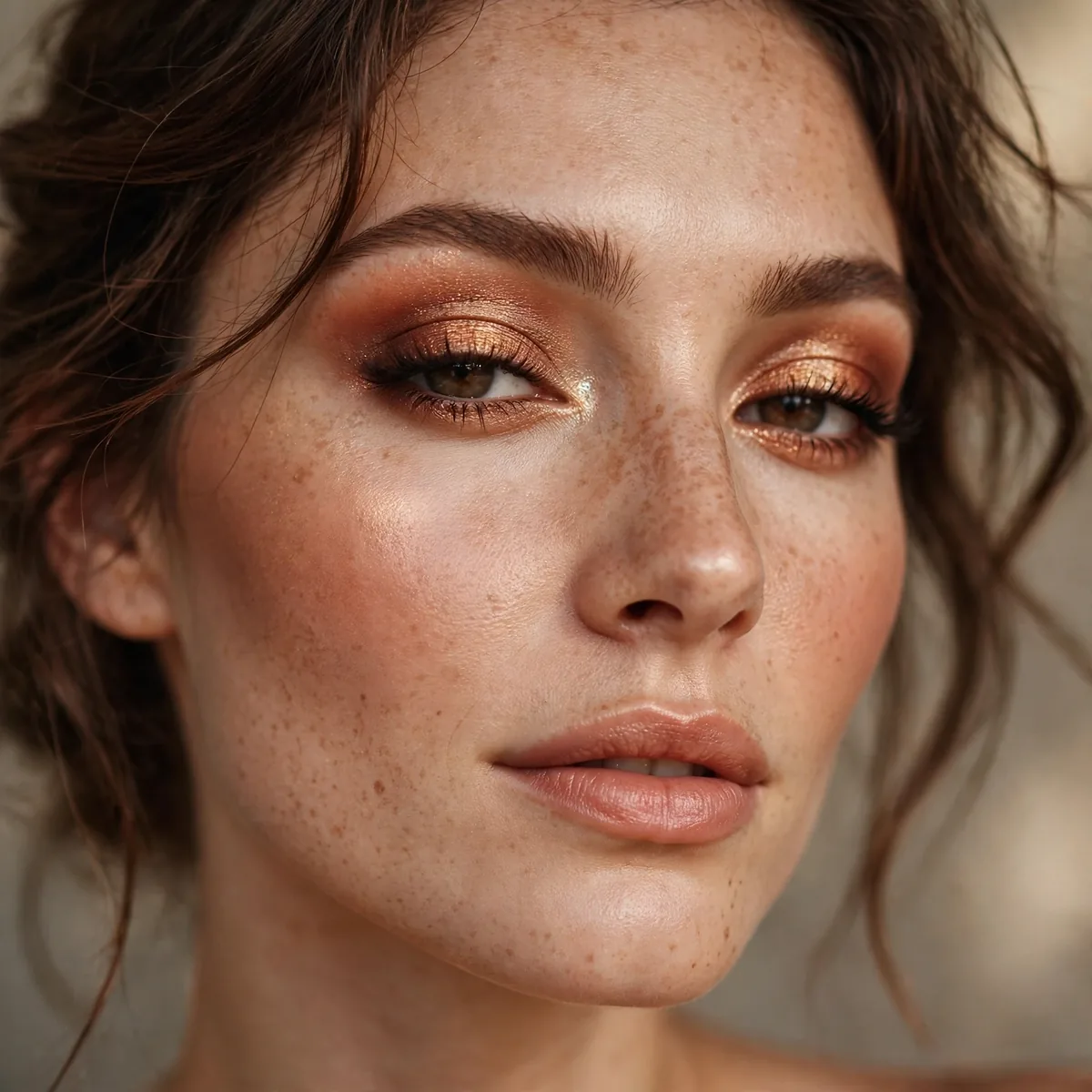Woman with copper eyeshadow warmth birthday makeup