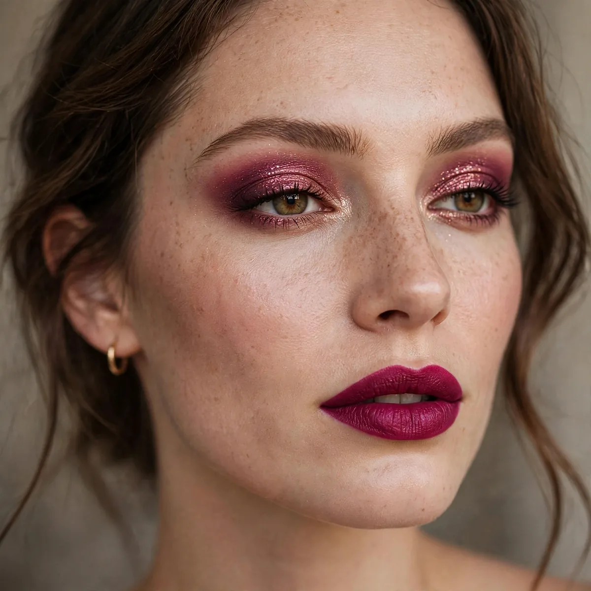 Woman with bold berry lipstick birthday statement makeup
