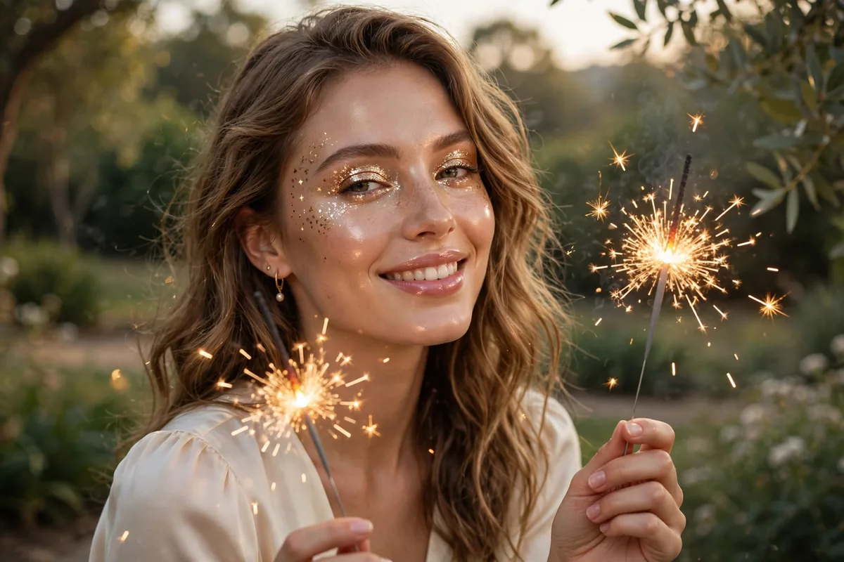 Woman with glowing birthday makeup holding sparklers