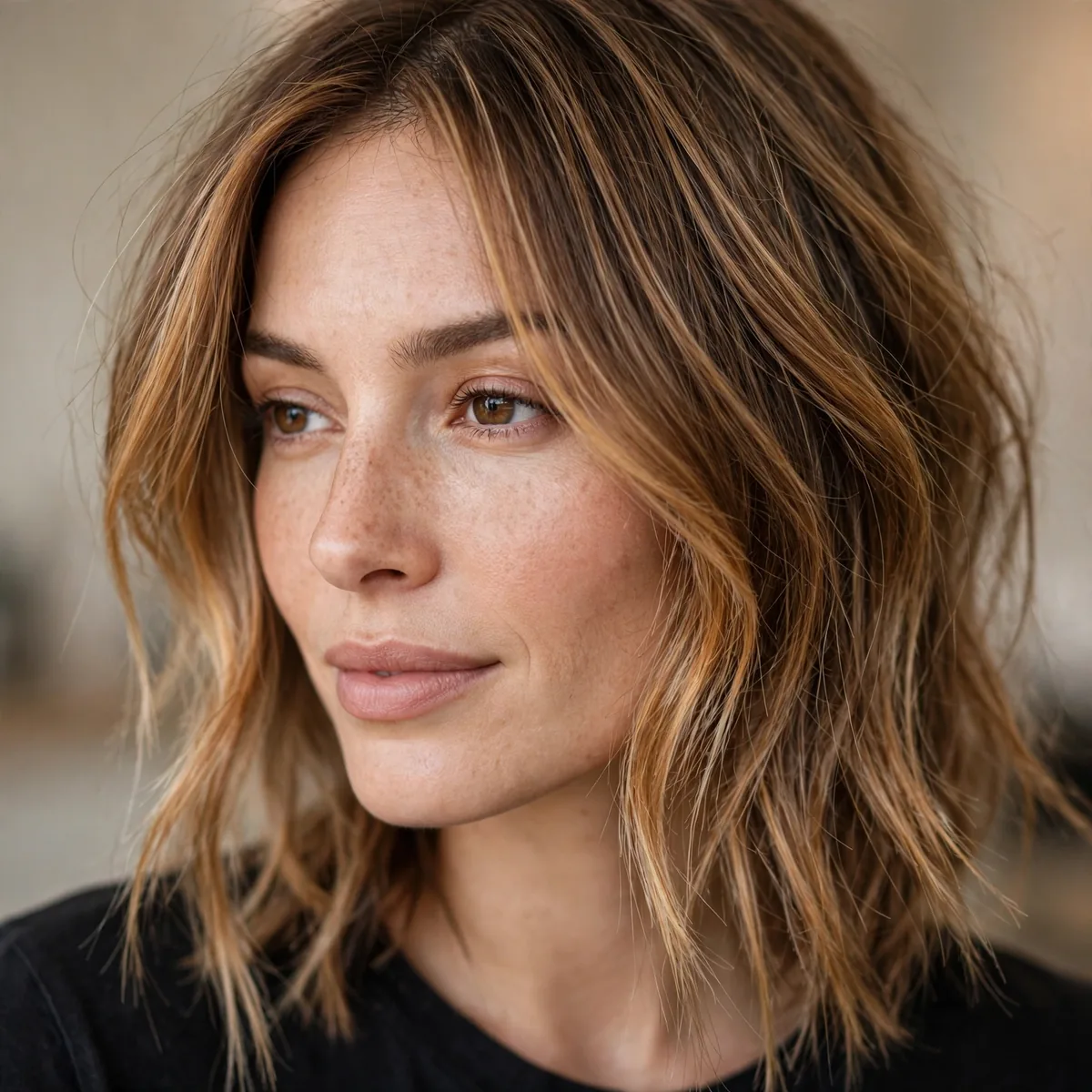 Fine hair with caramel balayage face-framing highlights