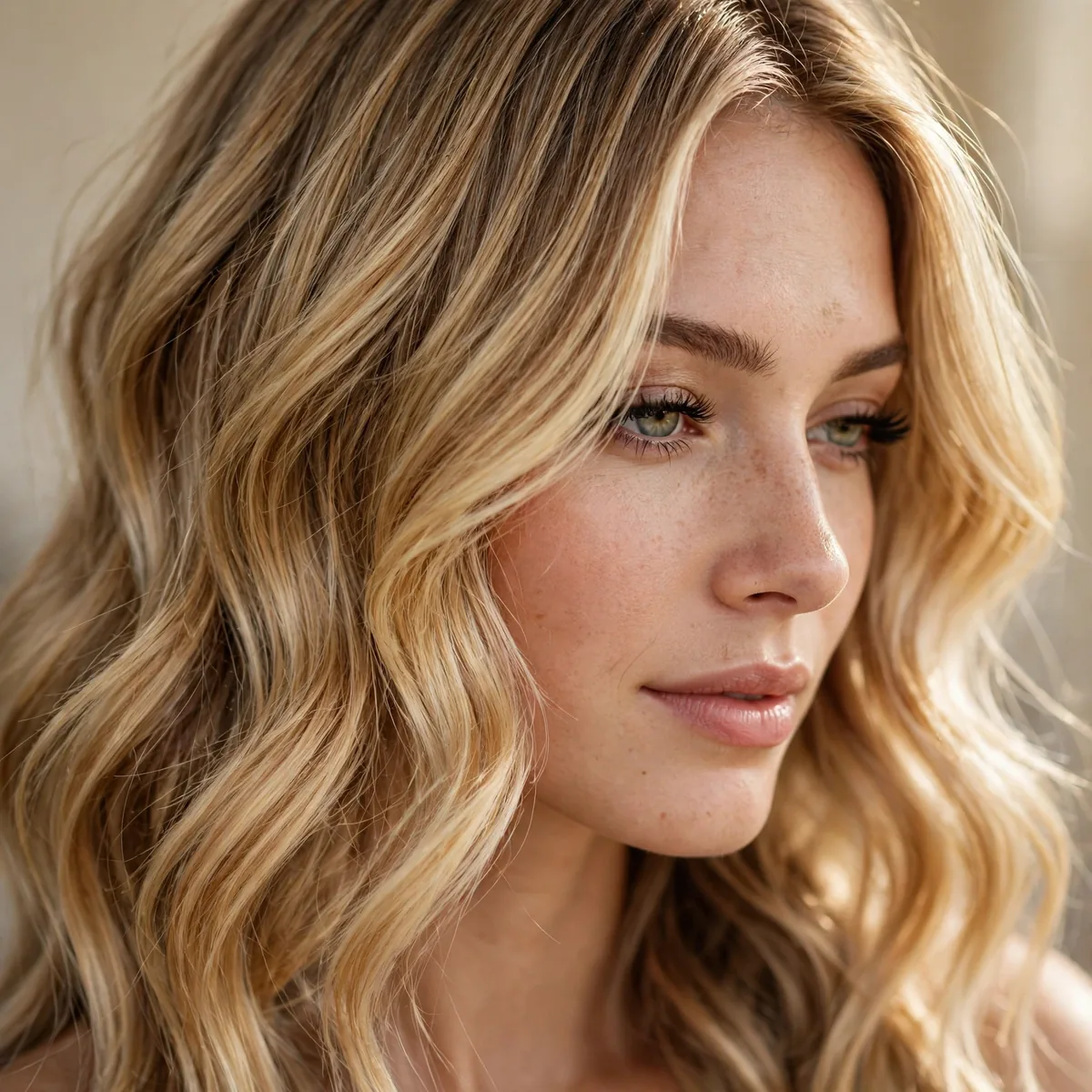 Fine golden wheat blonde balayage with dimensional waves