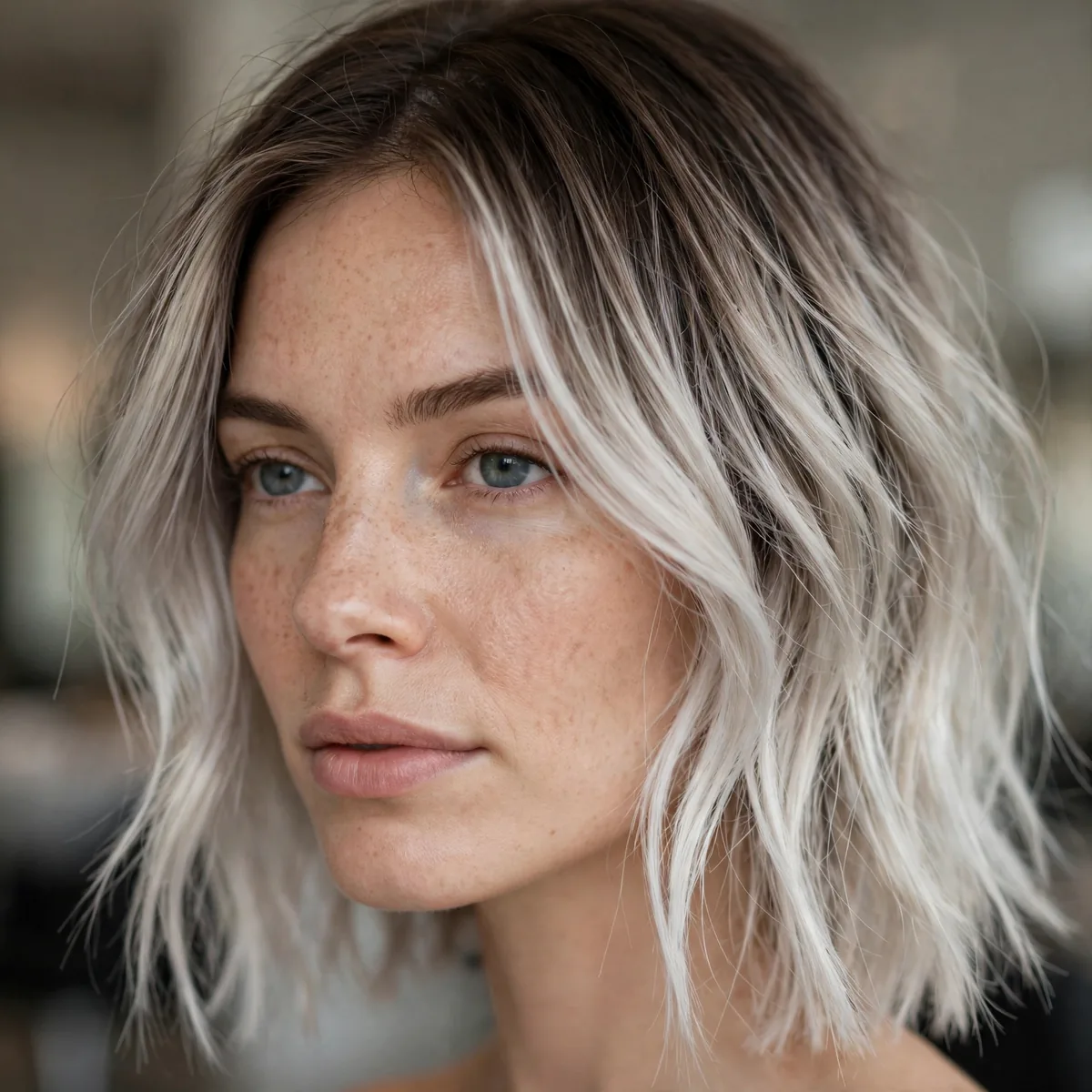Fine hair with icy platinum balayage tips on a darker root