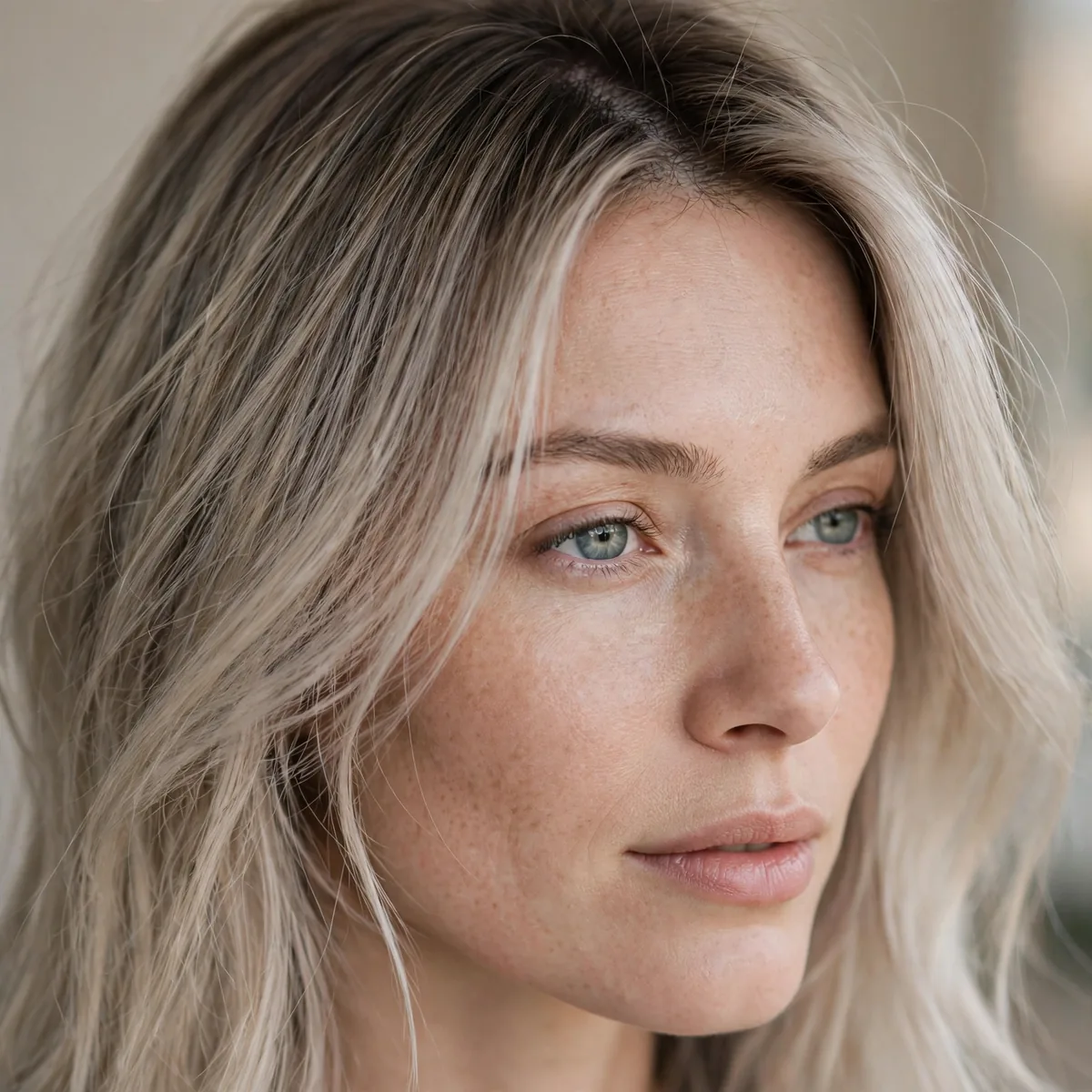 Ash blonde balayage with a shadow root on fine hair