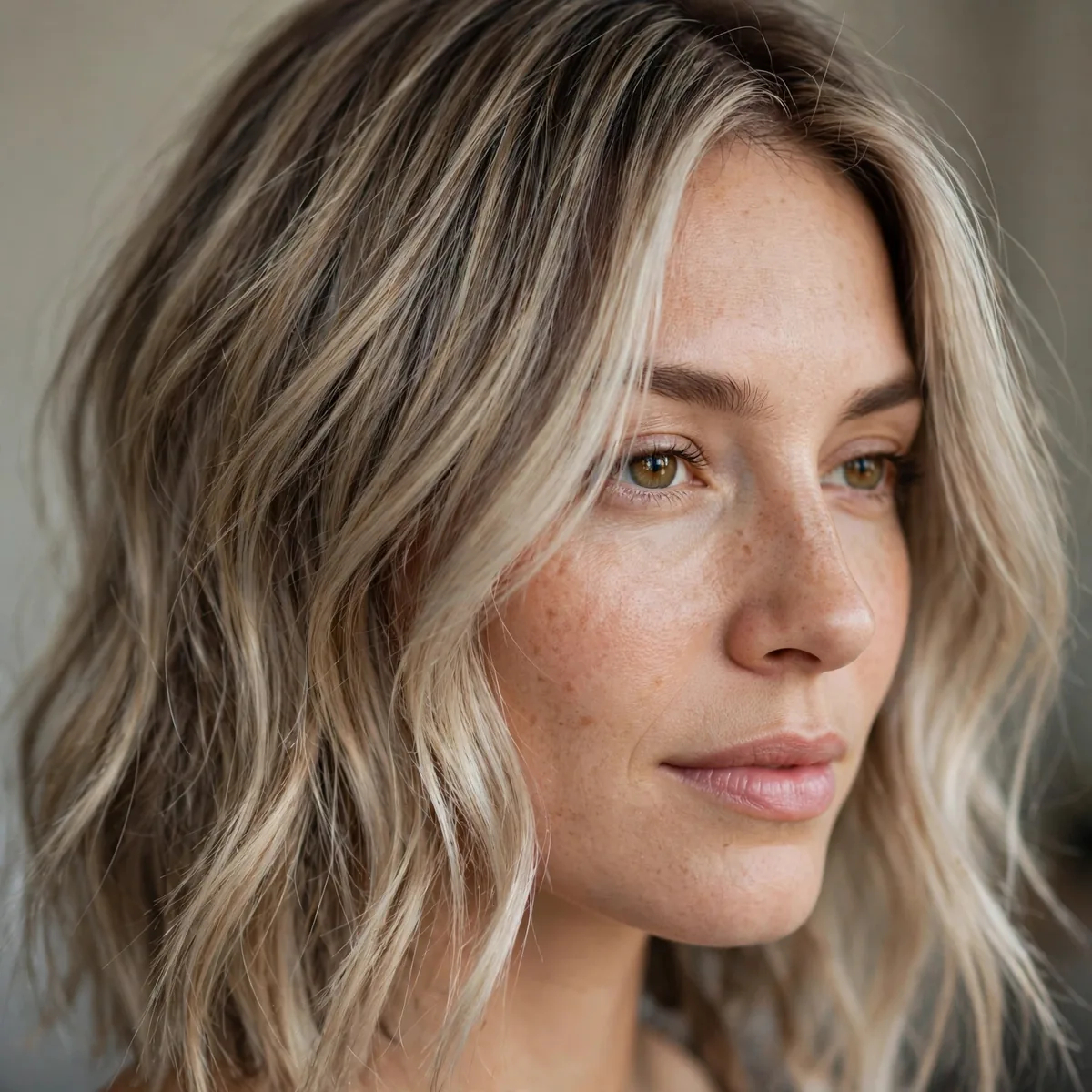 Mushroom blonde dimensional balayage on fine hair