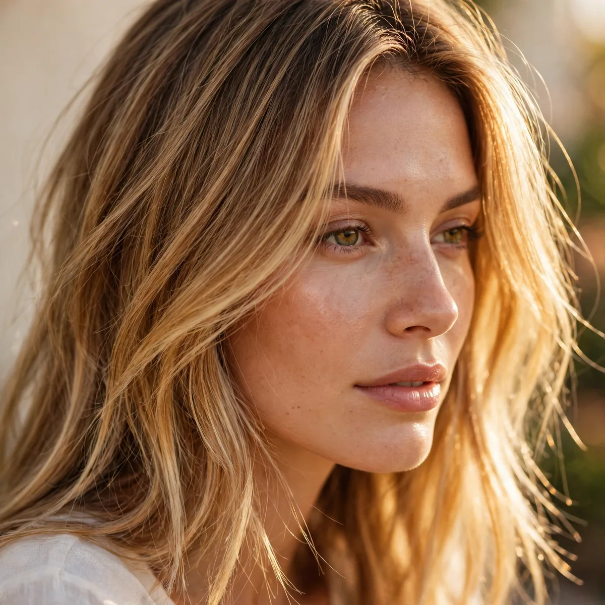 Sun-kissed golden balayage on fine hair in summer light
