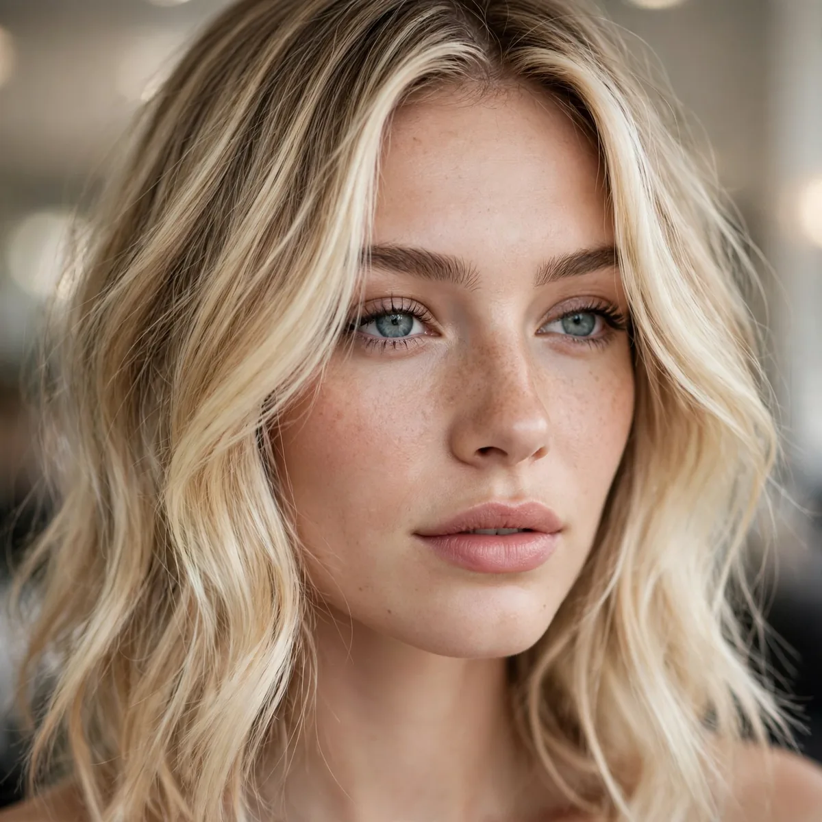 Bright blonde money piece with soft balayage on fine hair