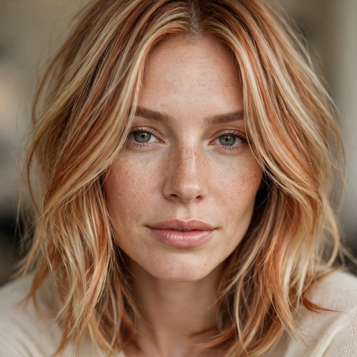 Copper-kissed blonde balayage with warm dimension on fine hair