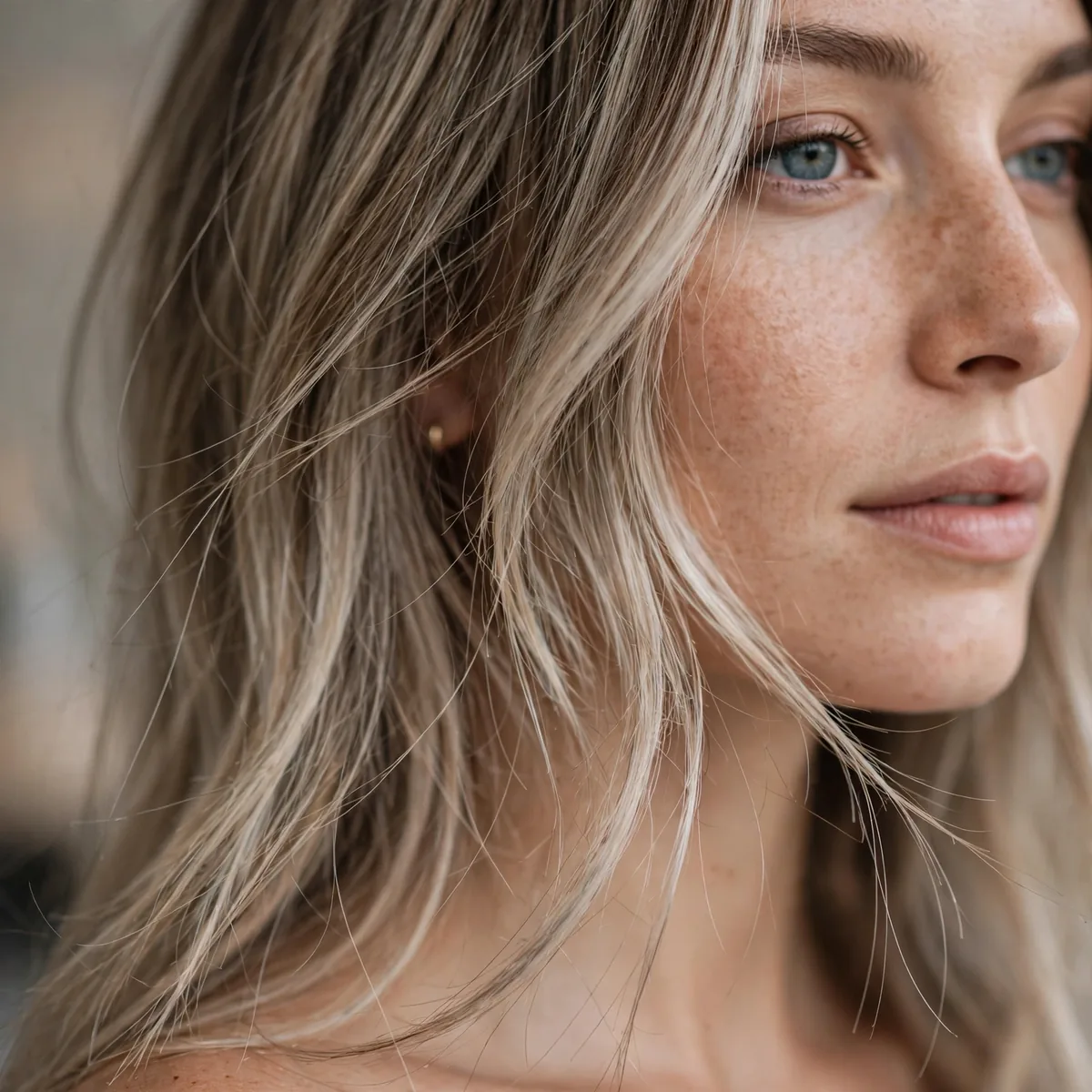 Smoky beige balayage on fine hair with thin ends