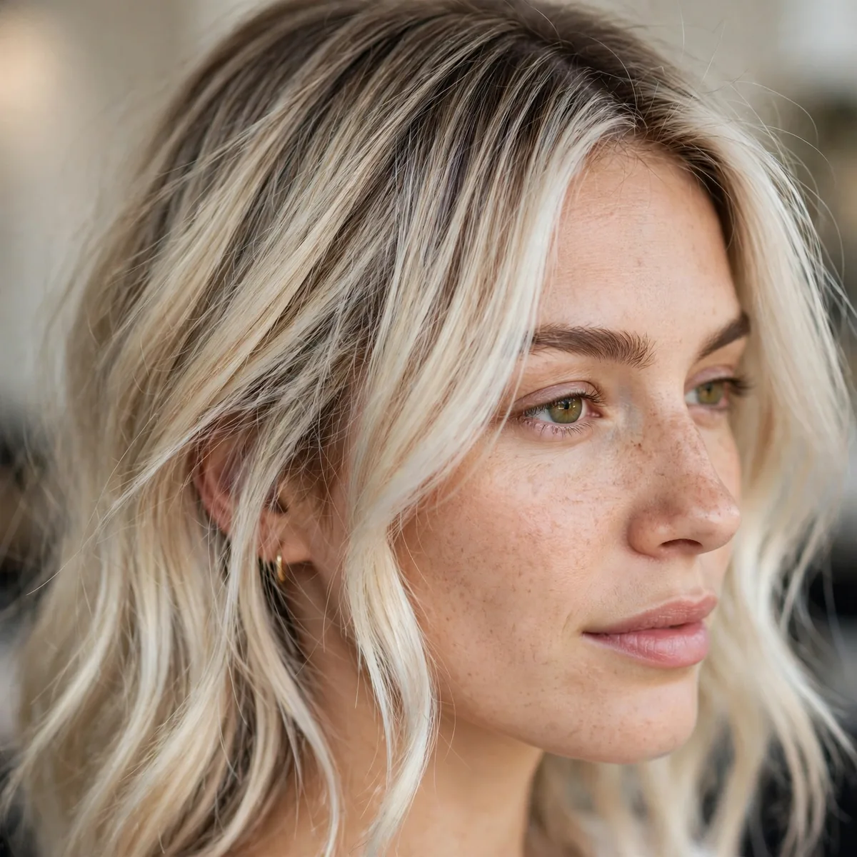 Platinum blonde root melt balayage on fine hair