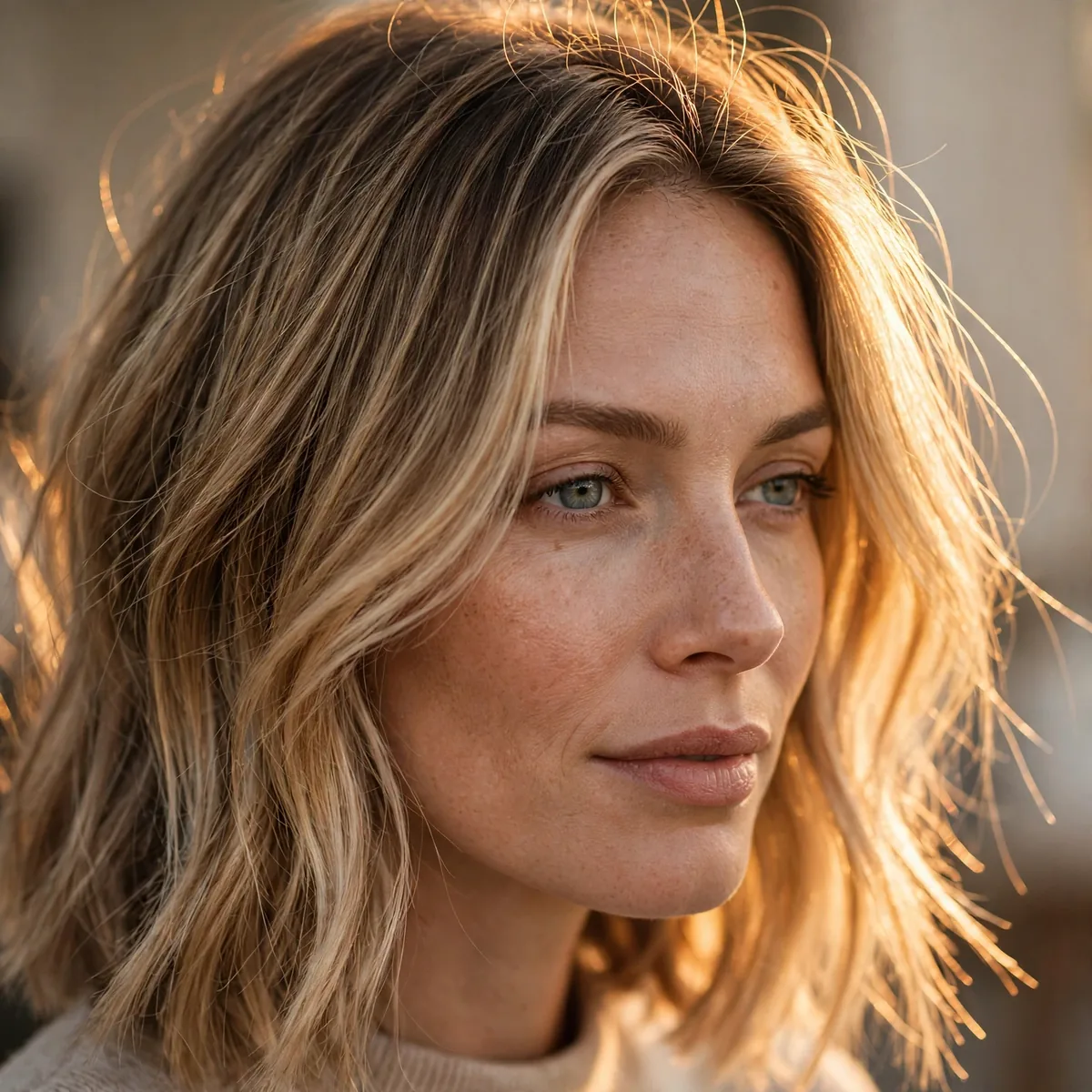 Golden hour balayage with babylights glowing on fine hair