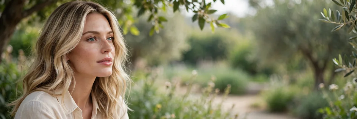 Woman with fine blonde balayage hair styled in soft waves