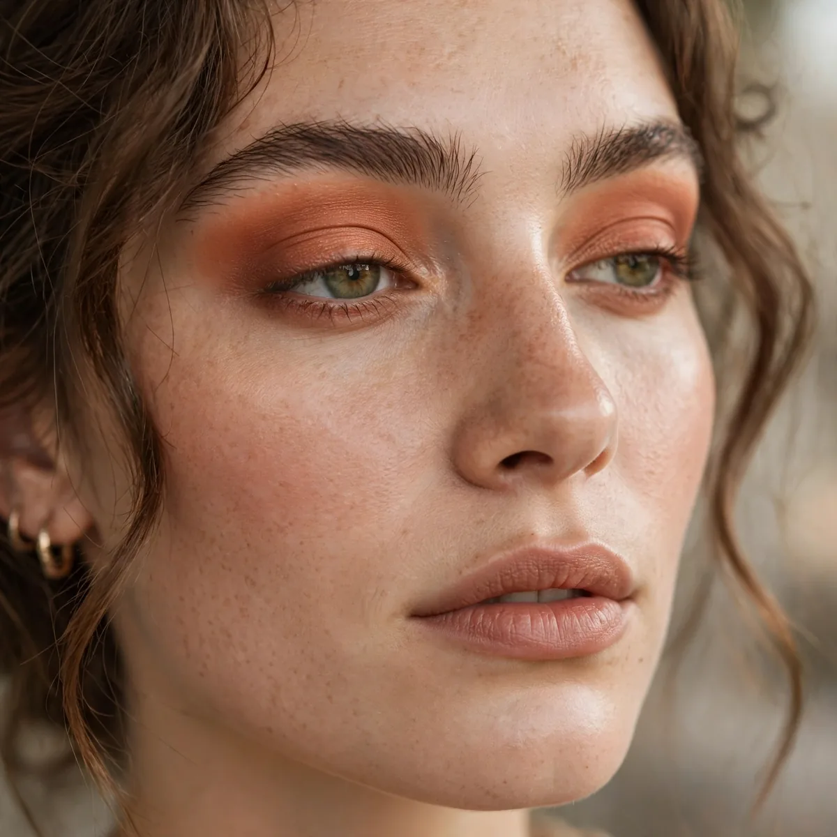 Model with terracotta eyeshadow washed across lids in boho style