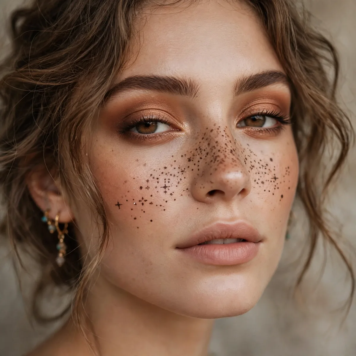 Boho makeup with faux freckles dotted across nose and cheeks