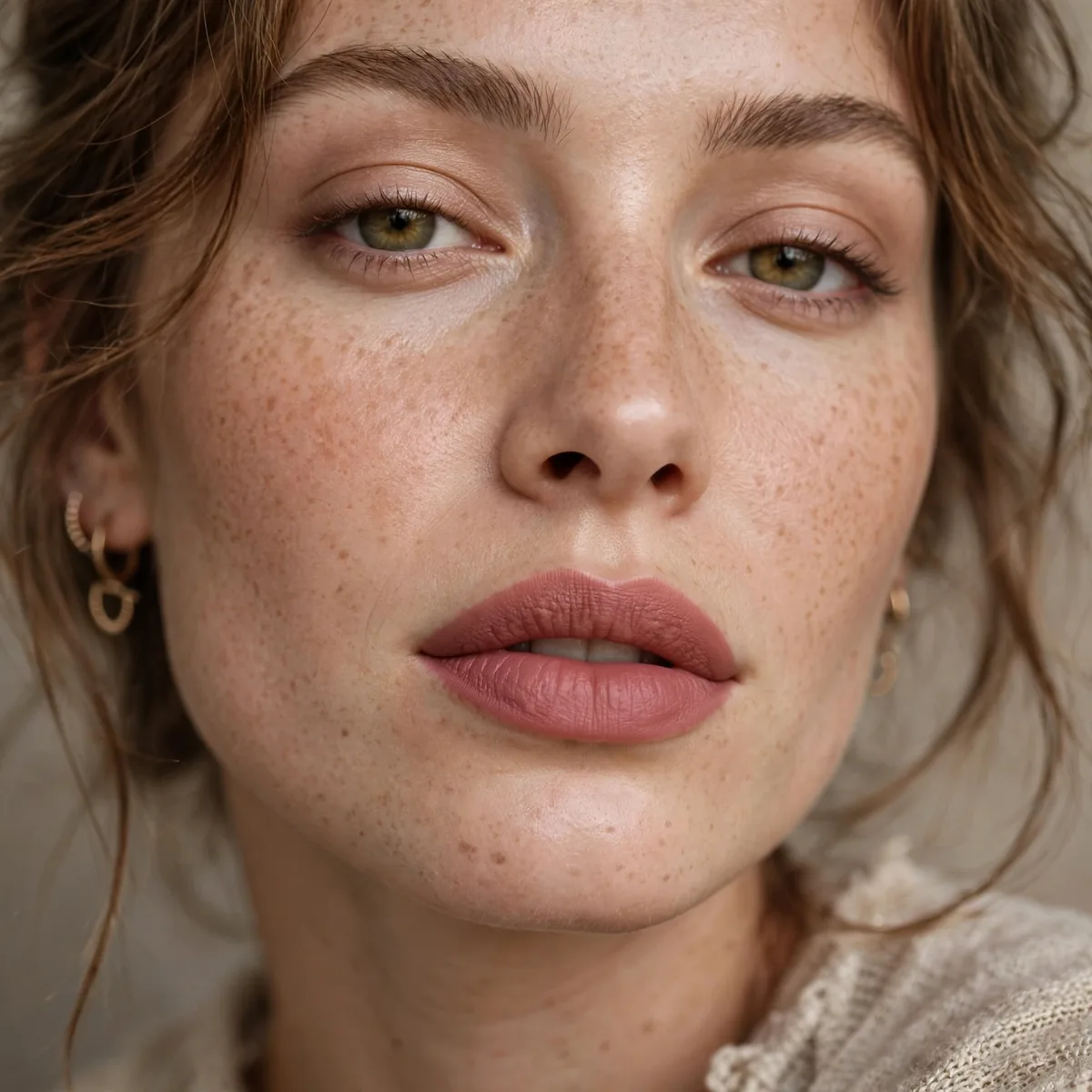 Dusty rose bohemian lipstick look with soft makeup