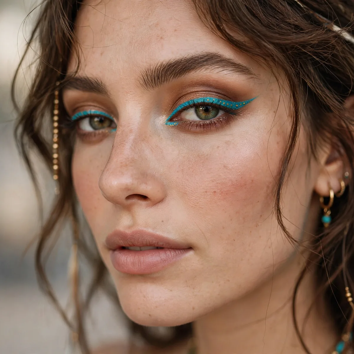 Boho eye makeup with turquoise accent eyeliner