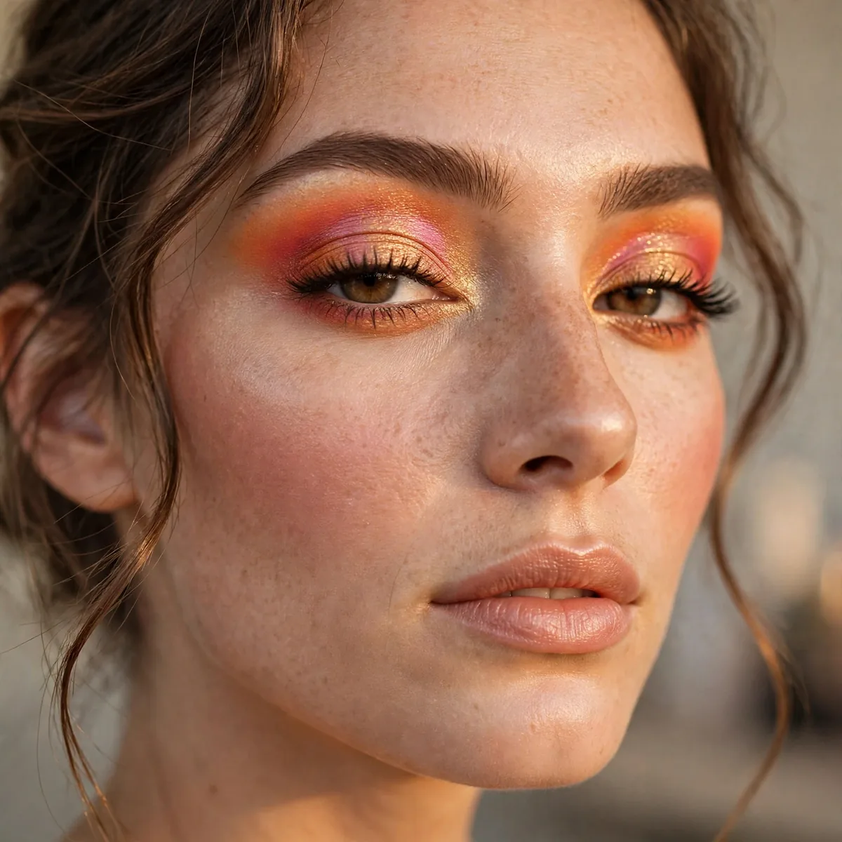 Sunset ombre eyeshadow blending orange pink and gold