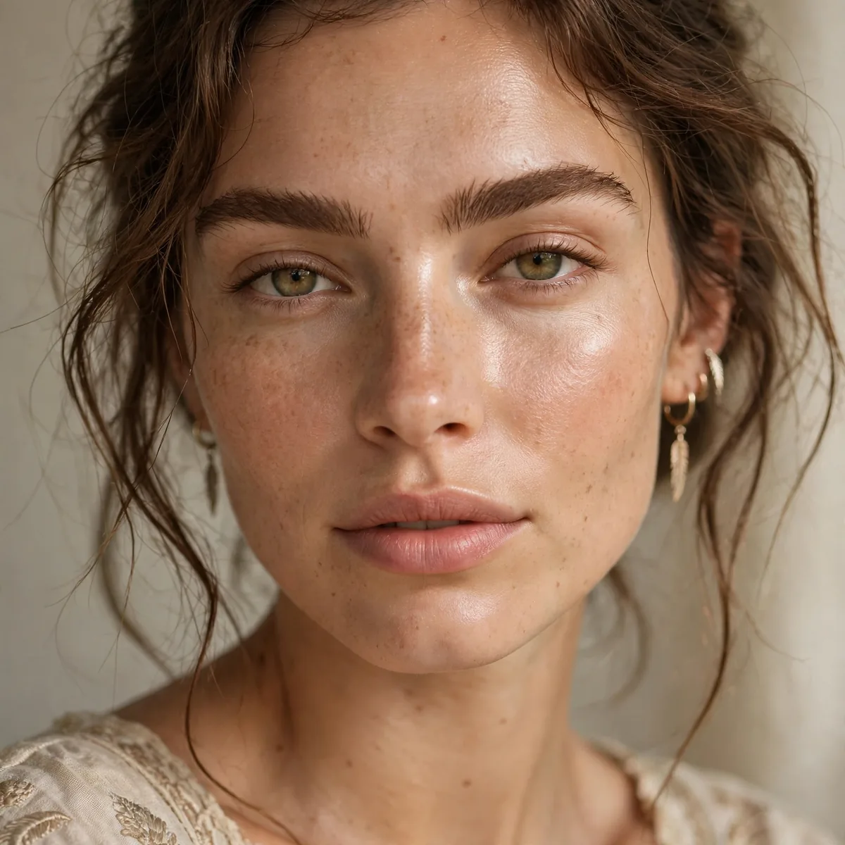 Natural boho look with feathered brows and bare glowing skin
