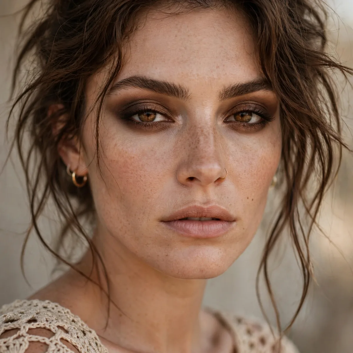 Earthy smoky eye in espresso brown tones, boho style