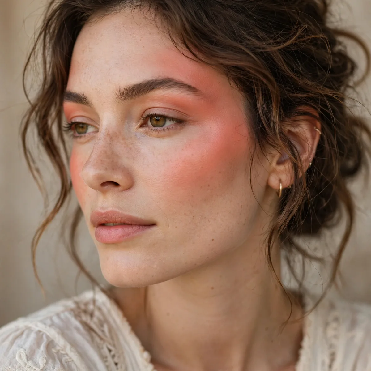 Boho coral blush draped across cheeks and temples